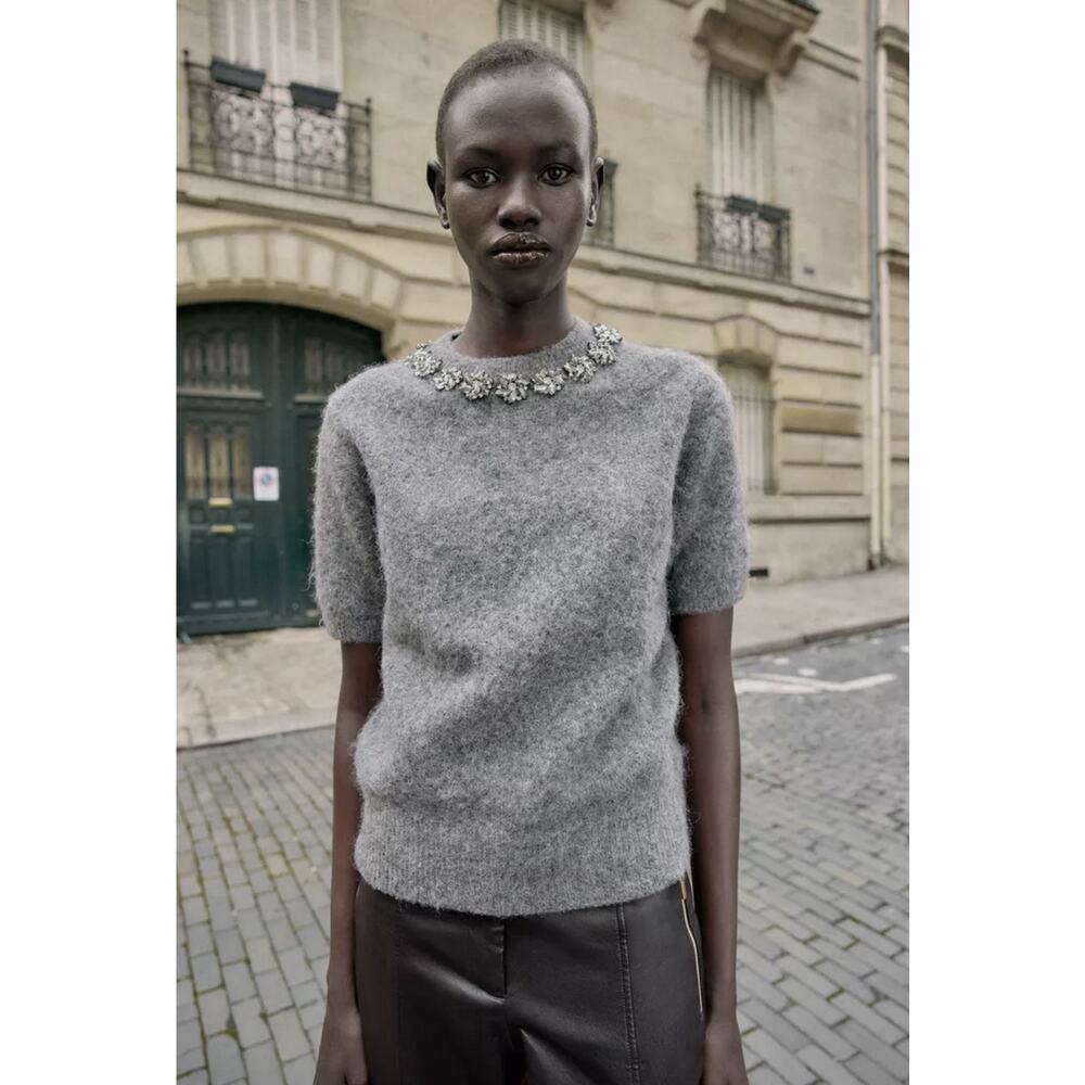 Women's Short-Sleeve Embellished Crewneck Sweater - Gray